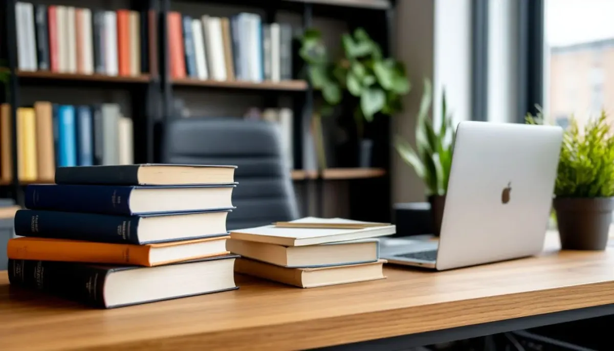 Рабочий стол с ноутбуком и стопкой книг в офисе, намекающий на работу с интеллектуальной собственностью в США Рабочий стол с ноутбуком и стопкой книг в офисе, намекающий на работу с интеллектуальной собственностью в США